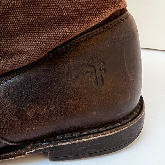 Frye Paige Short Riding Boots Brown Canvas & Leather Pull On Mid Calf 6.5 (READ) - Picture 2 of 15